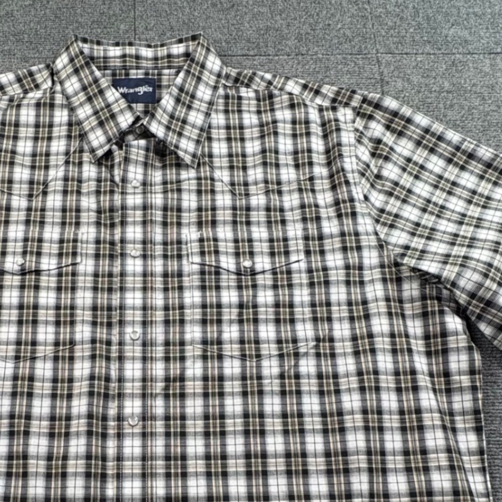 Wrangler Mens XXL Western Plaid Short Sleeve Pearl Snap Shirt Black White Tan